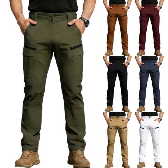 HBBIKVI Men Casual Straight-Leg Cargo Pants Solid Color Multi Pocket Button Zipper Closure Full Length Relaxed Fit for Outdoor Activity