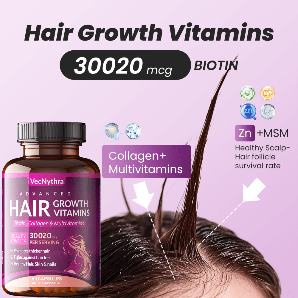 VecNythra Hair Growth Vitamins for Women | Biotin 10,000mcg, Collagen, , Saw Palmetto | Naturally Regrow Stronger & Healthier Hair, Skin and Nails | Stops Hair Loss,2-Pack