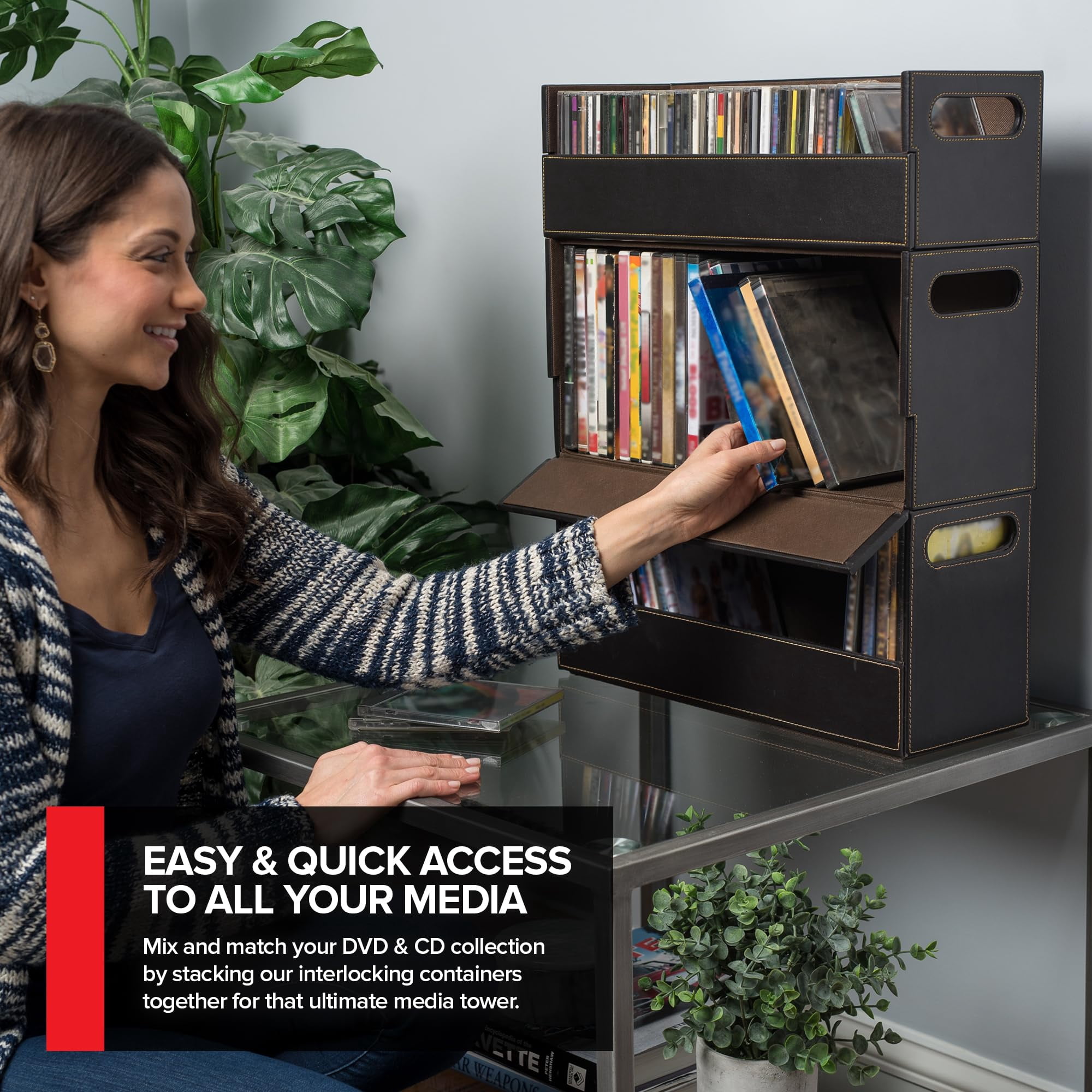 DVD & CD Storage Box, CD & DVD Storage Box, Movie Shelf Organizer for Blu-Ray, Video Game Cases, CDs, VHS Tape Display Stand, Disc Holder Can Store Up to 28 DVDs & 40 CDs, Faux Leather