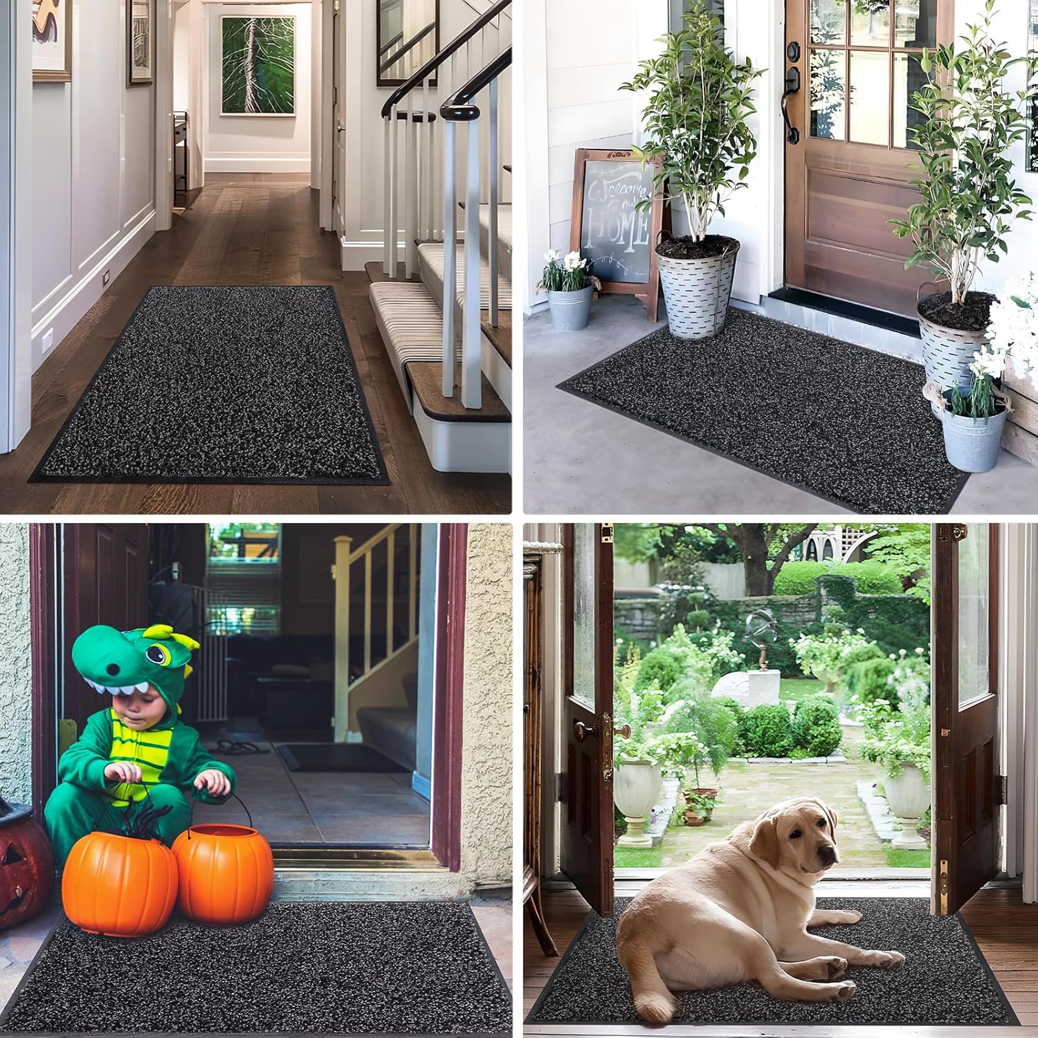 Front Door Mat, Dirt Trapper Welcome Mat for Outdoor Indoor, Non-Slip Waterproof Doormat, Durable Machine Washable Low Profile Entry Rug for Back Door Outside Patio Porch, 36" x 24", Black