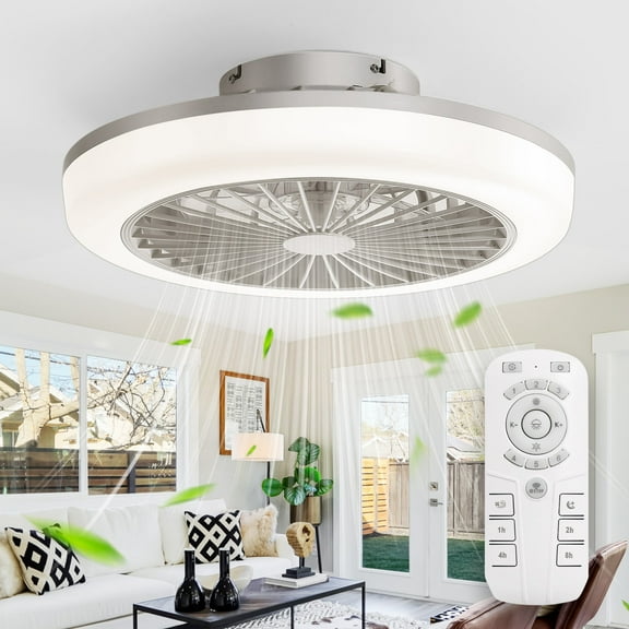 Sofucor 18 in Round Ceiling Fans with Lights, Dimmable Color Temperature and 6 Speeds, Flush Mount Bladeless Reversible Motor, White