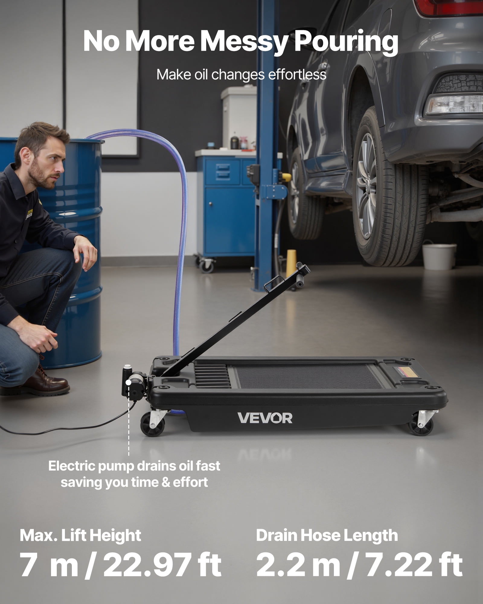 VEVOR Low Profile Oil Drain Pan, 17 Gallon Capacity, Rolling Oil Drain Pan with Electric Pump, 7.2 ft Hose & T Folding Handle, Leak-proof & Corrosion-resistant, Fit for Cars, SUVs, Trucks, ATVs,Black