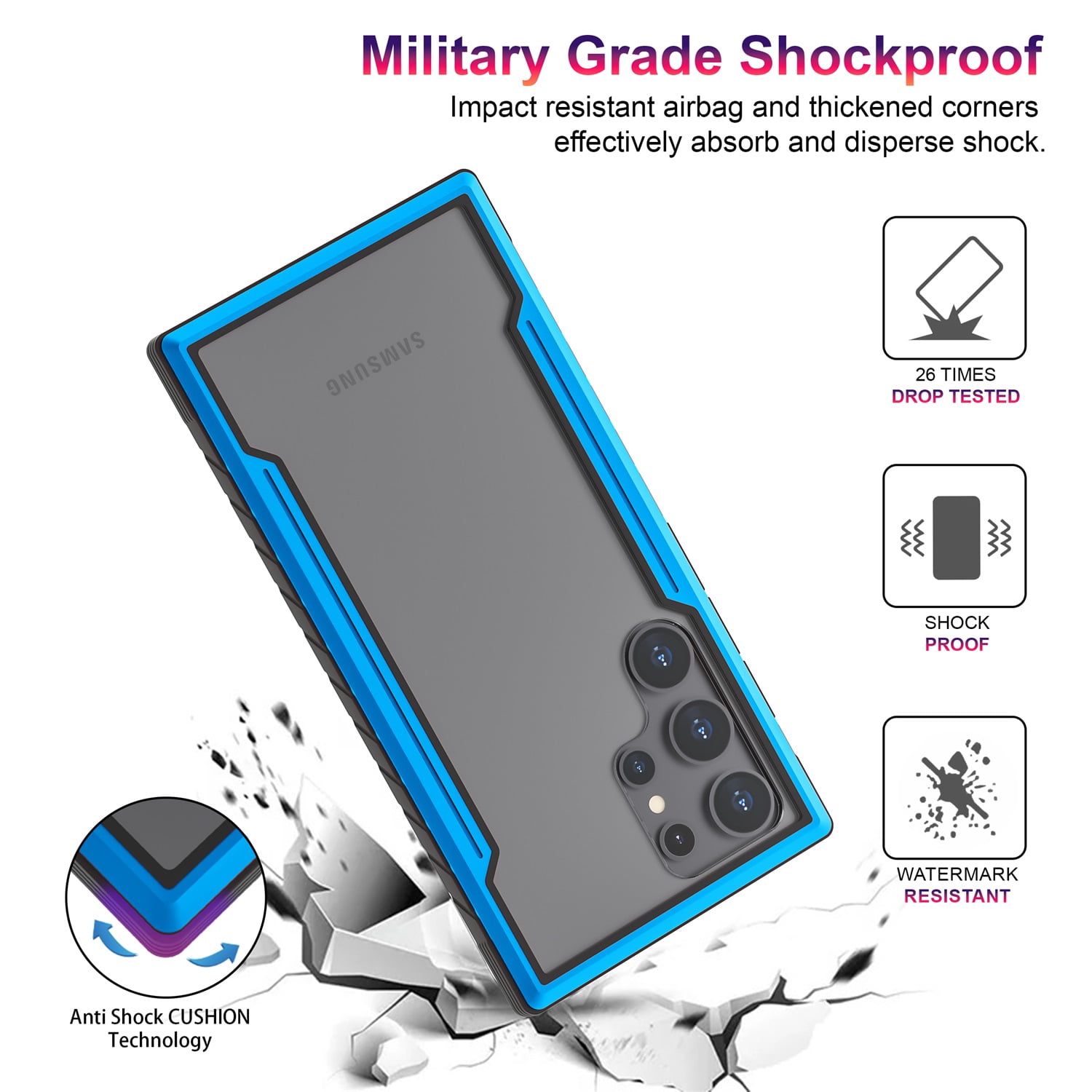JTCASES for Samsung Galaxy S23 Case 6.1" 5G Phone 2023, Military Grade Shockproof Impact Resistant Corners Wireless Charging Non-Slip Grip Cover, Blue