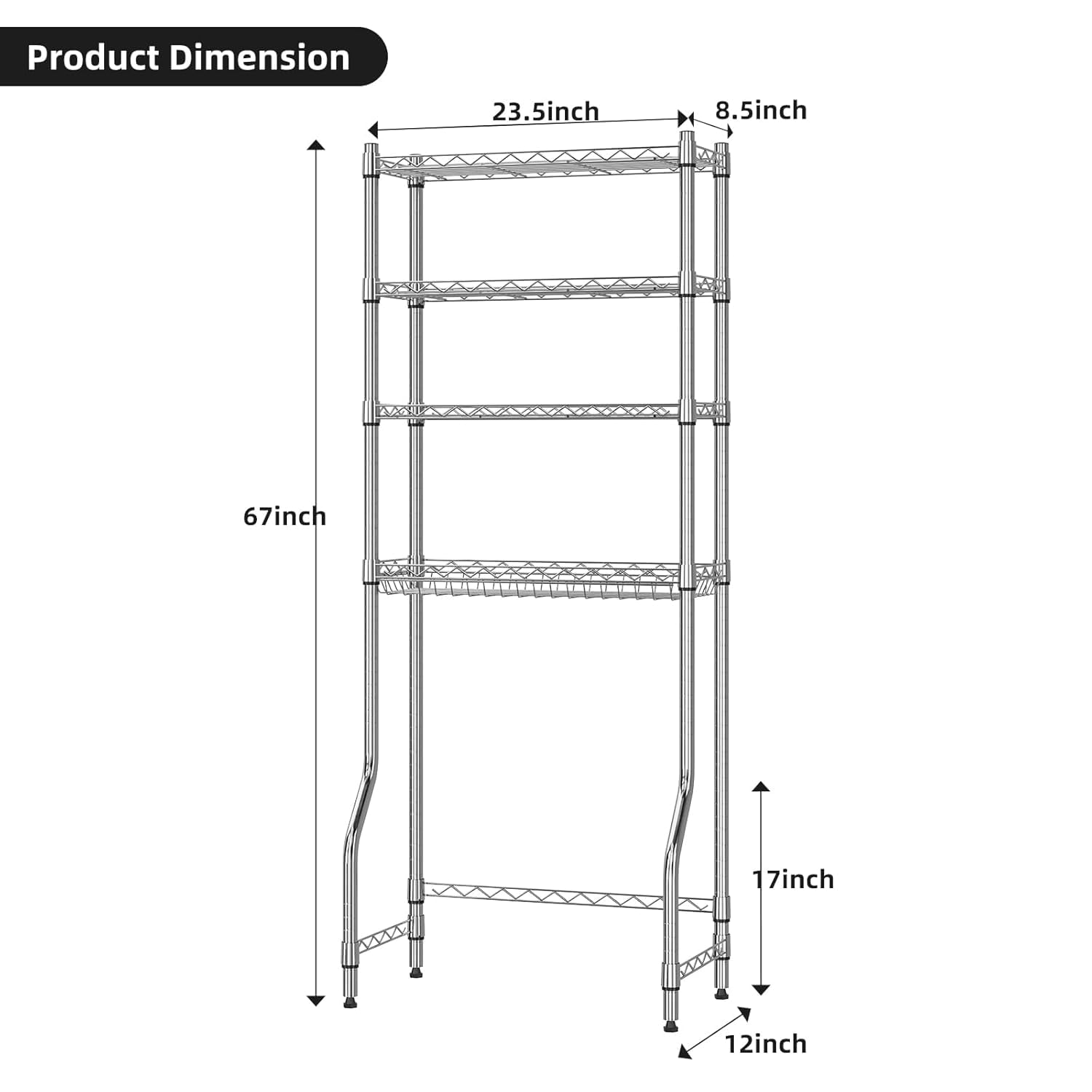 4-Tier Over the Toilet Storage Shelf with Adjustable Metal Shelves and Basket Chrome