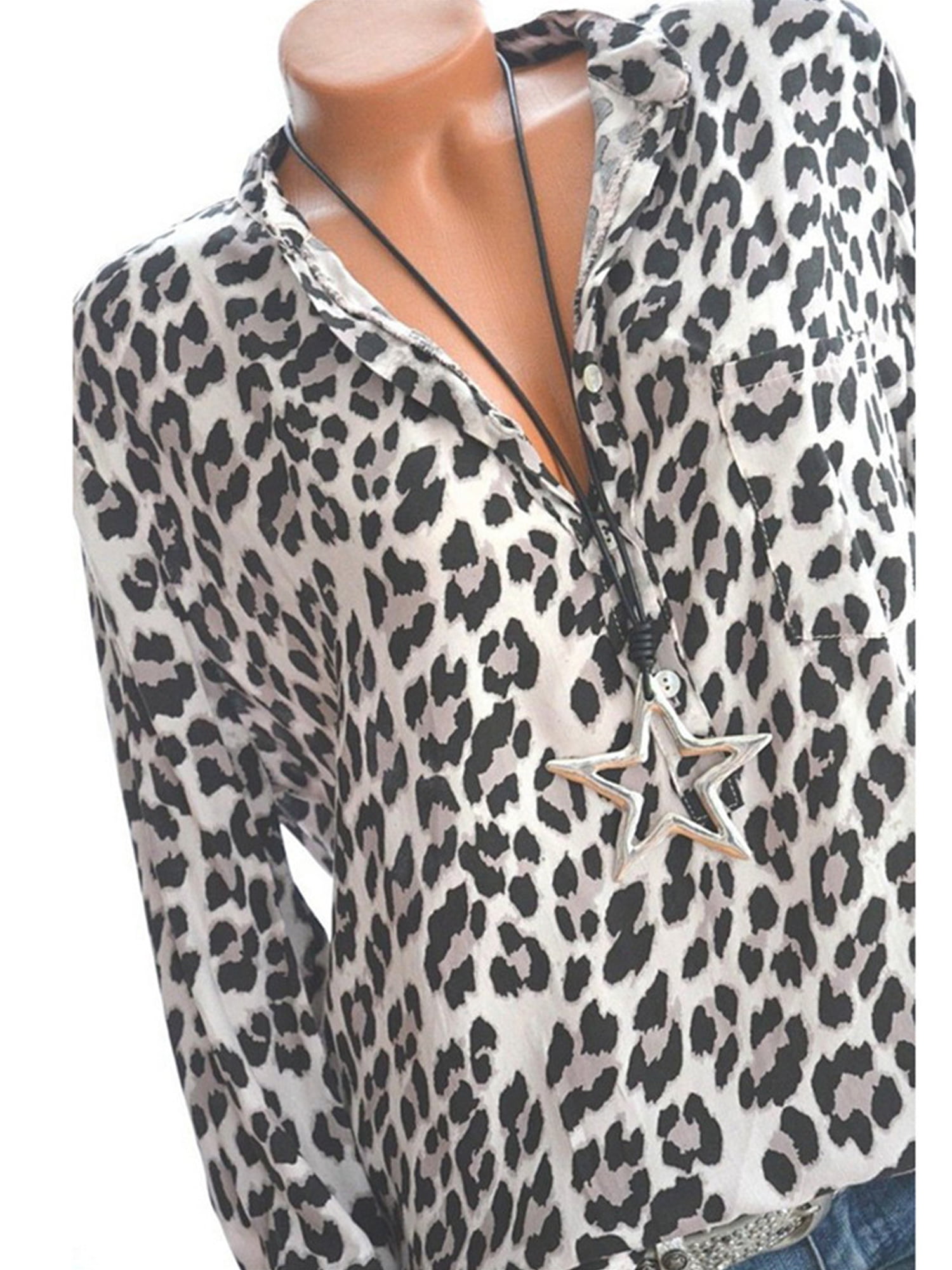 Womens Leopard Blouse Ladies Casual Pocket Long Sleeve Tunic Jumper Shirt Tops