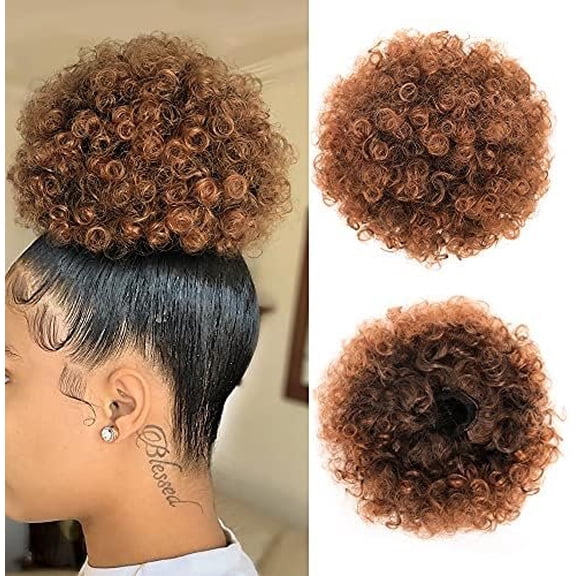 Ombre Brown Kinky Curly Ponytail Hair Afro Puffs Drawstring Ponytails Synthetic Short Bun Extensions Hairpieces Updo Hair for Women(1B/30#)