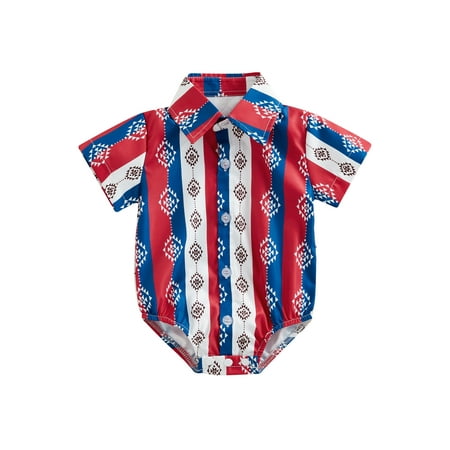 

Western Baby Boy Clothes Graphic Print Onesie Dress Shirt Short Sleeve Button Down Romper Bodysuit Top Boho Cowboy Outfit