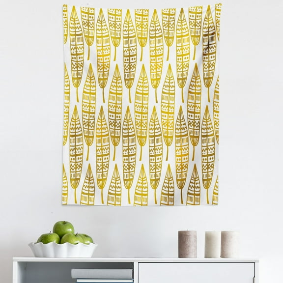 Feather Tapestry, Detailed Inspired Boho Art Print, Fabric Wall Hanging Decor for Bedroom Living Room Dorm, 5 Sizes, Amber Marigold and White, by Ambesonne