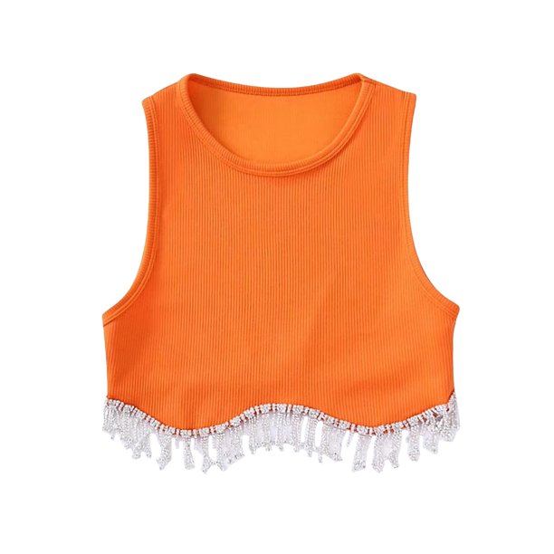 TRKIYQC, camisetas sin mangas para mujer, acanaladas, sin mangas, cuello redondo, borla de diamantes de imitación, diseño de dobladillo, ropa de calle de verano, camisetas sin mangas TRKIYQC moda