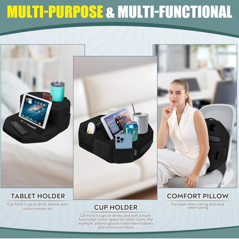 TabCouchCaddy Octagonal Couch Cup Holder Tray Pillow - Bed, Couch Caddy, Sofa, - Holds Drinks, Snacks, Remotes, Phones, Kindle, Tablet | Bed Cup Holder (Black)