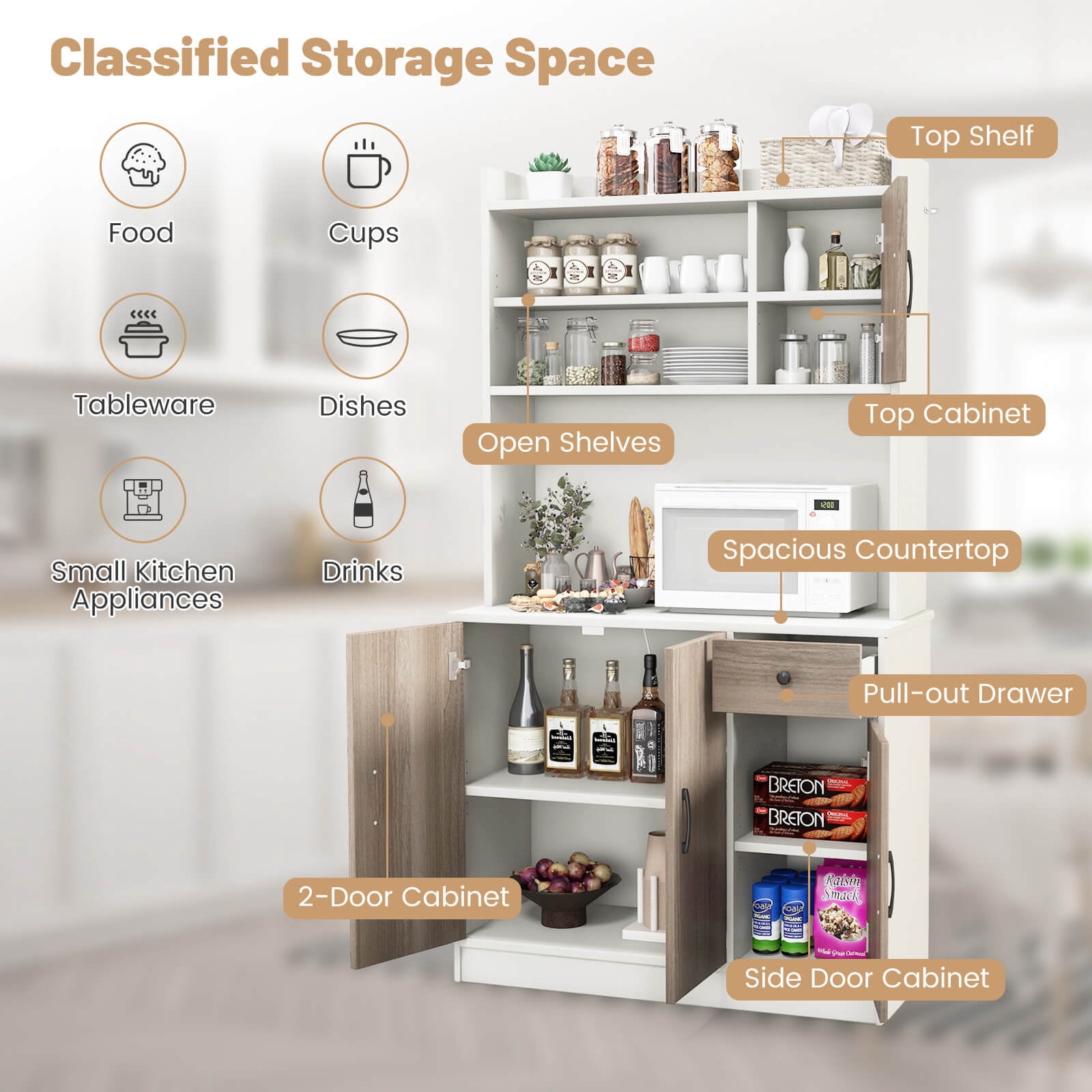 Costway 4-Door 71'' Kitchen Buffet Pantry Storage Cabinet w/Hutch Adjustable Shelf White