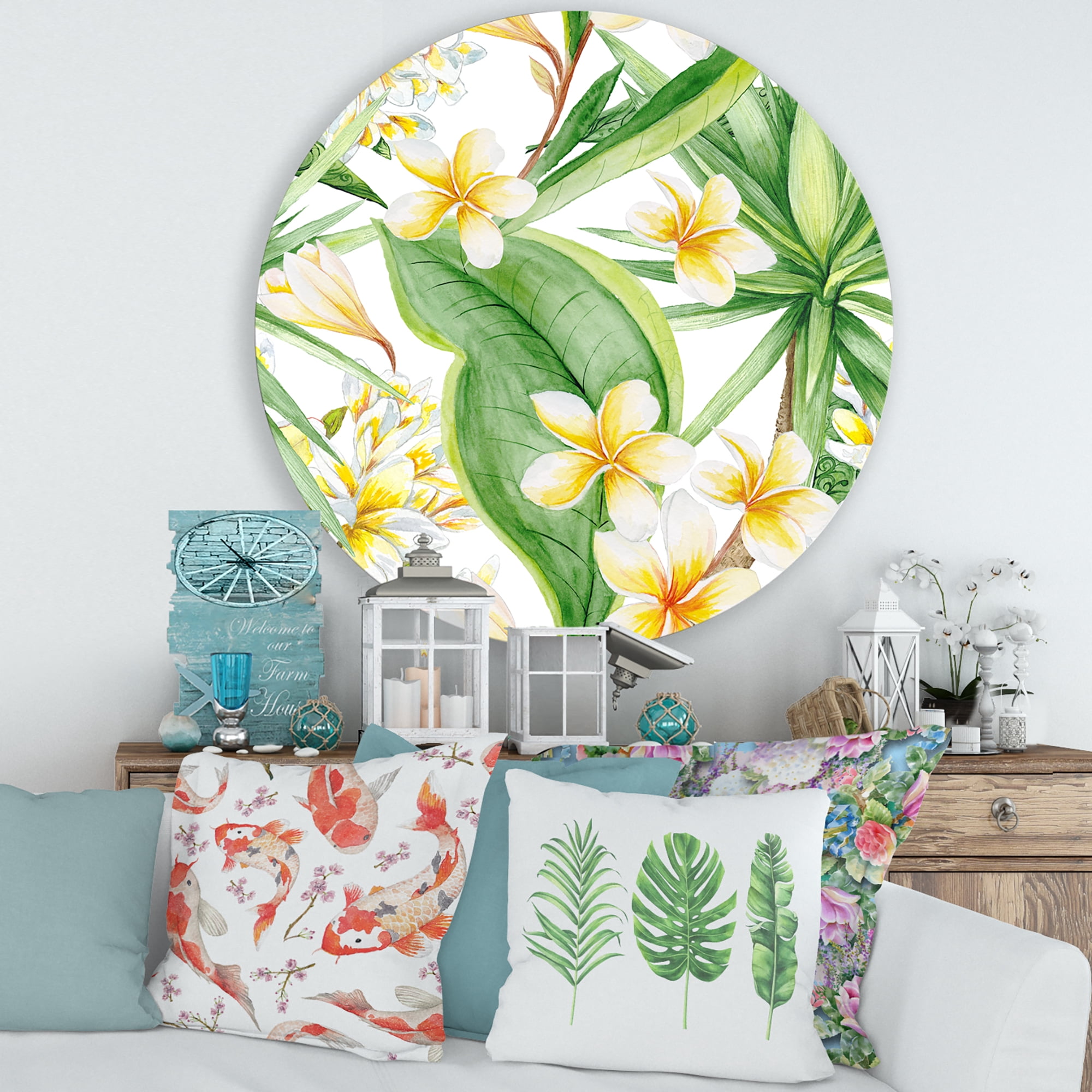 Designart 'Yellow Flowers and Tropical Foliage VII' Modern Circle Metal Wall Art 29x29 - Disc of 29