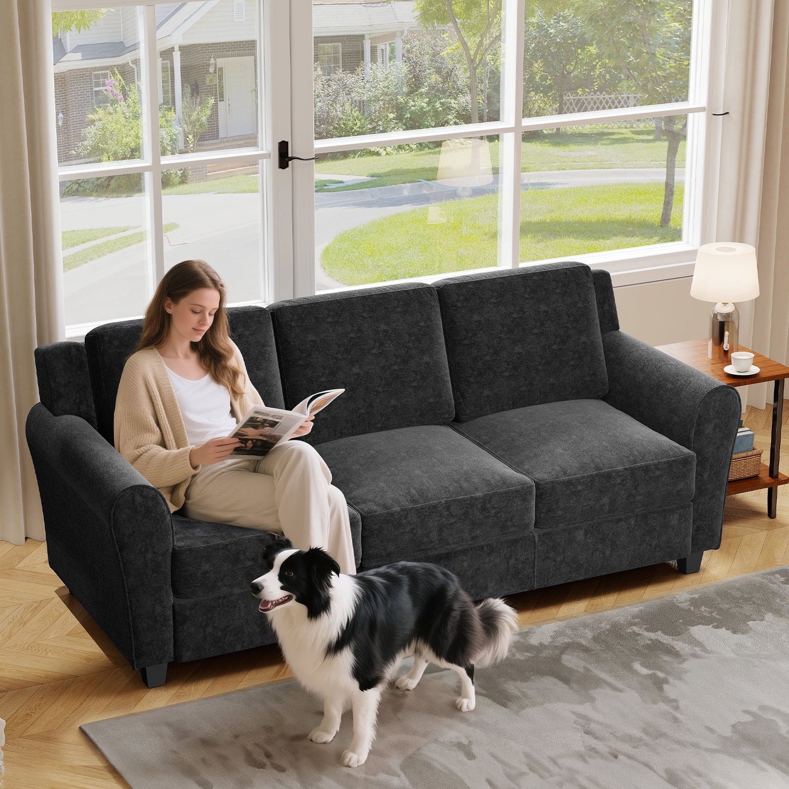 Ebello Modern Sofa Couch, 3-Seater Upholstered Couches with Thick Cushions for Living Room and Bedroom, Black