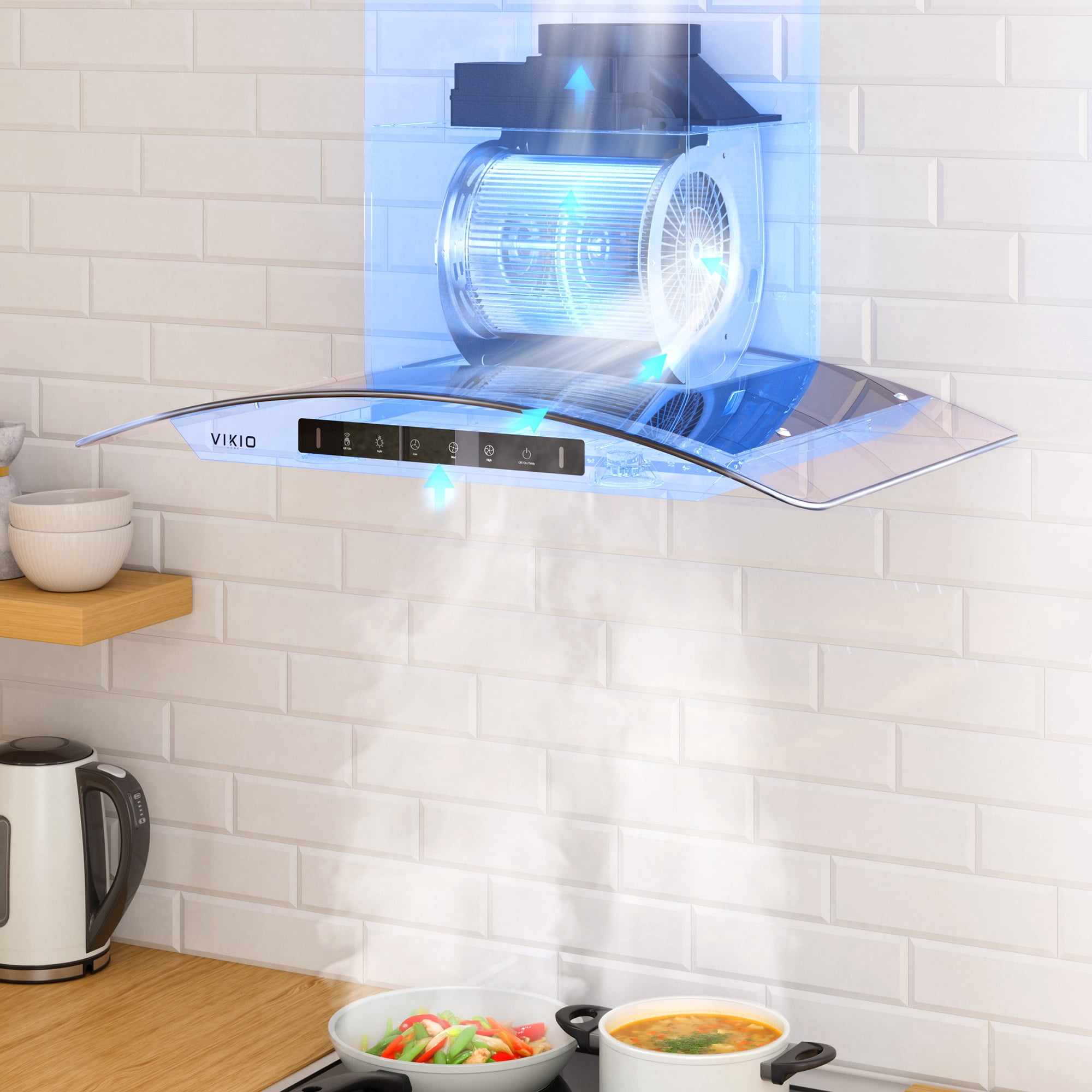 VIKIO 30 inch Wall Mount Range Hood, Stainless Steel and Glass, 800 CFM, 3-Speed, Ducted, Gesture Sensing Control&Touch Pad