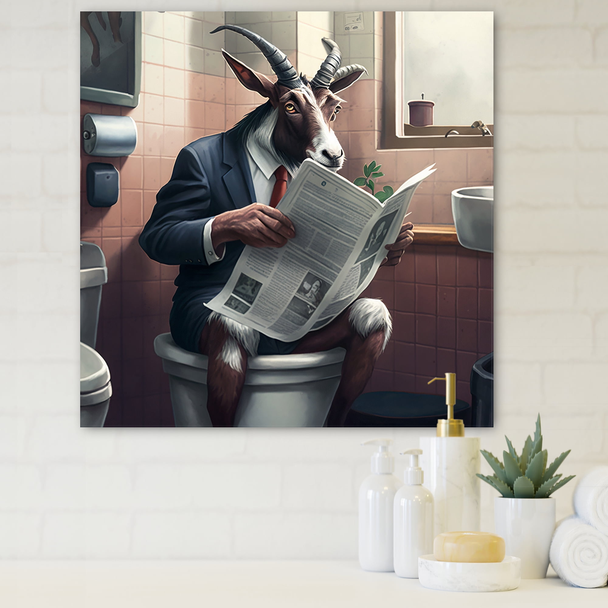 Designart Goat On Toilet Reading News Canvas Wall Art