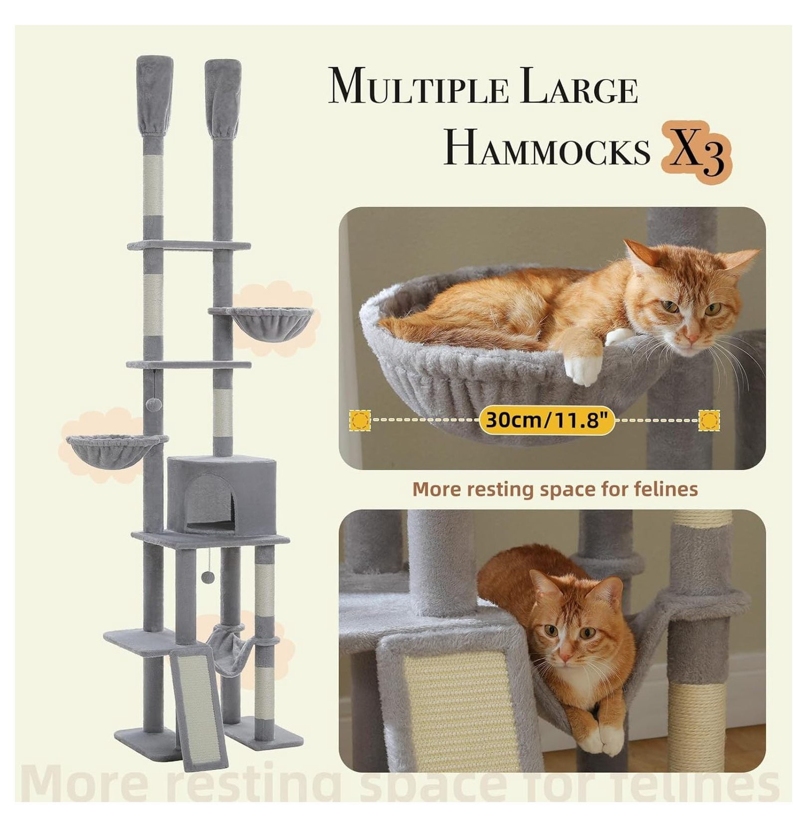 Cat Tree Floor to Ceiling, Adjustable Cat Tower 85-112 Inches, 7 Tier Cat Climbing Tower with Hammocks & Scratching Posts for Indoor Cats - Gray