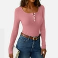 thumbnail image 6 of WTOBBY Women's Solid Color U-Neck Pullover Long Sleeve Slim Fit Top, Casual Layering Tee with Button Accent, Comfort Stretch Fabric for Base Wear,Pink L, 6 of 6