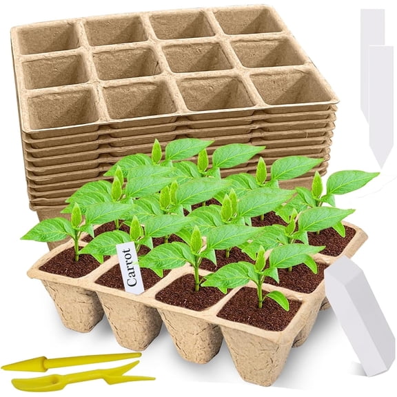 120 Plant Cells Seed Starter Tray Set – 10 Pack Biodegradable Peat Pots with Labels, Seed Starting Pots & Trays for Indoor Gardening, Seedlings & Transplanting