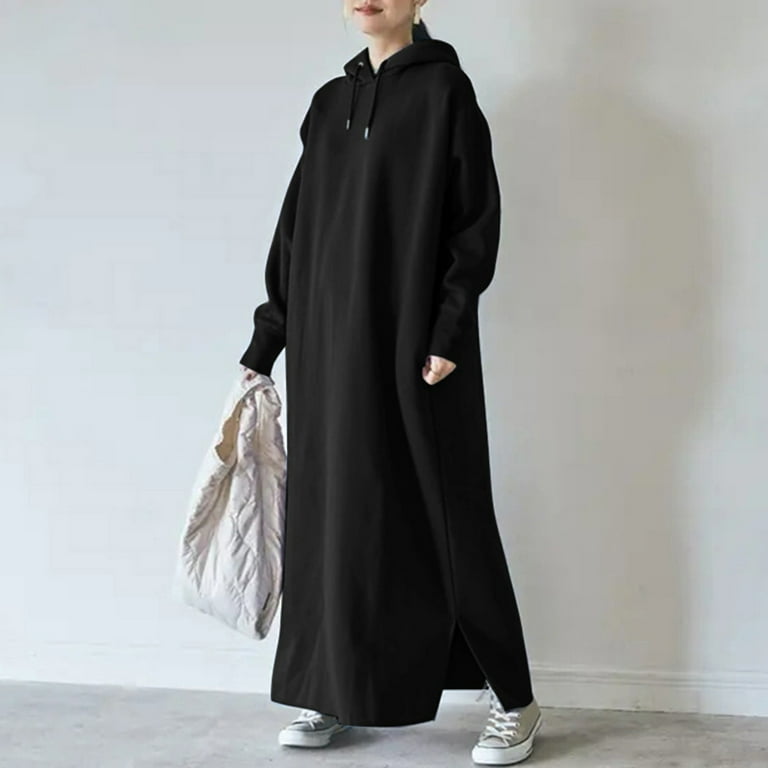 PERZOE Sweatshirt Dress Drawstring Long Sleeve Side Split Hem