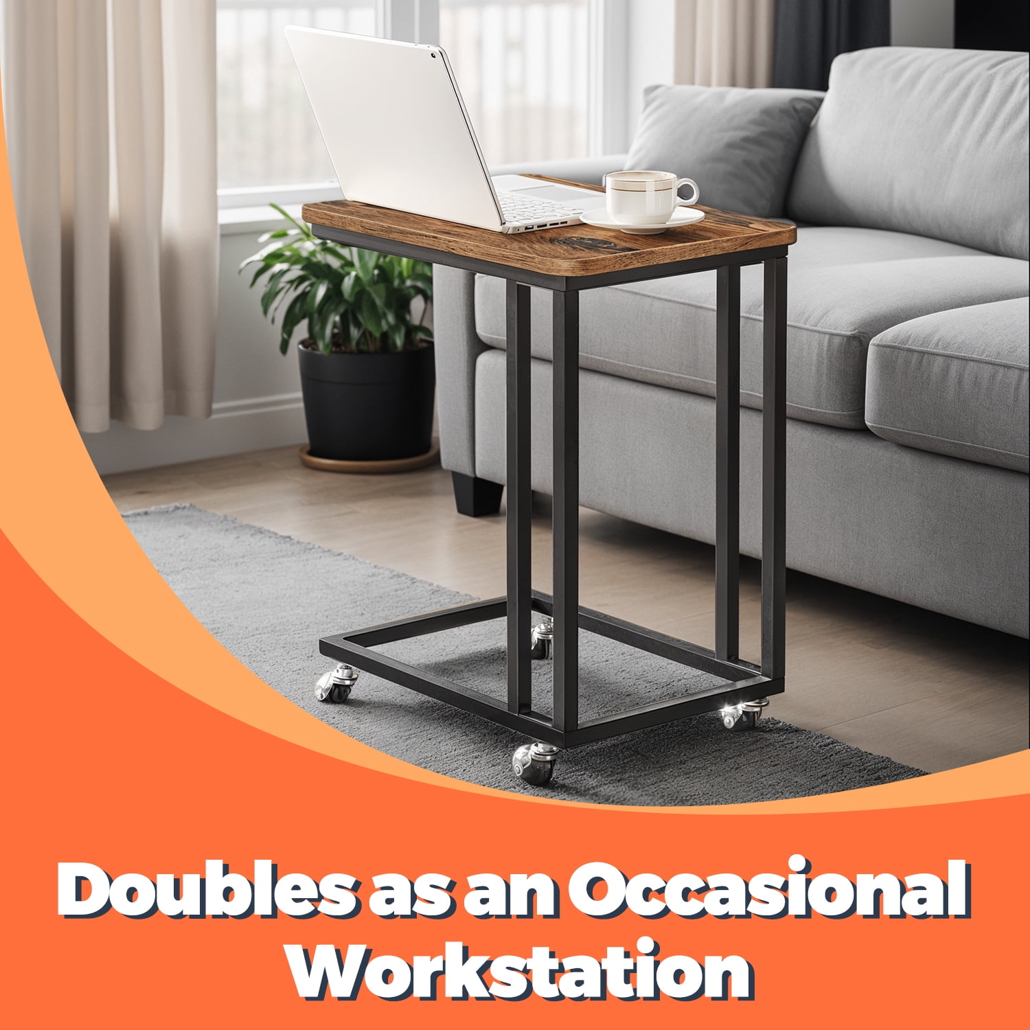 LEDREM C-Shaped End Table with Wheels - Industrial Side Table for Sofa & Bed, Adjustable Height, Rustic Brown and Black