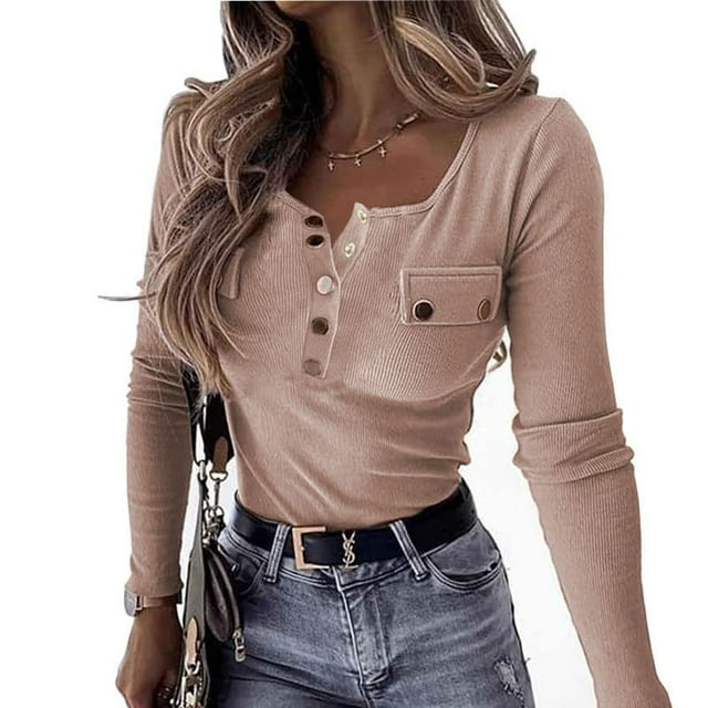 Camisetas Henley de manga larga para mujer con botones y cremallera ajustada, camisas de punto acanalado con cuello redondo (A-Khaki XX-Large)