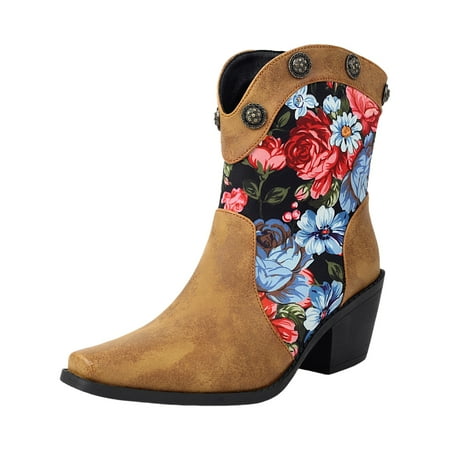 YHGFVOKJ Boots for Women Fashionable and Versatile Comfortable Splicing Color Short Tube Block Heel Pointed Toe Boots Shoes Boots with Heels for Women Yellow 40