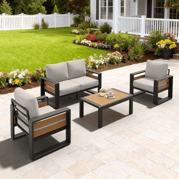 LazySunsets 4-Piece Outdoor Metal Conversation Set, Aluminumn Patio Sectional Sofa Chat Seating Sets, Light Gray
