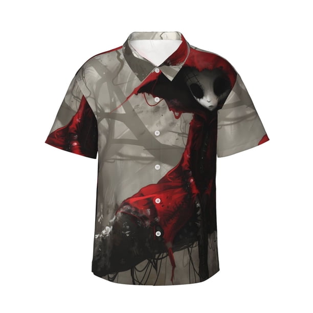 Fotbe Dark Red Hooded Girl Camisa Hawaiana para Hombre Unisex – Camisa Casual de Verano con Botones de Manga Corta de Algodón y Lino,Medium
