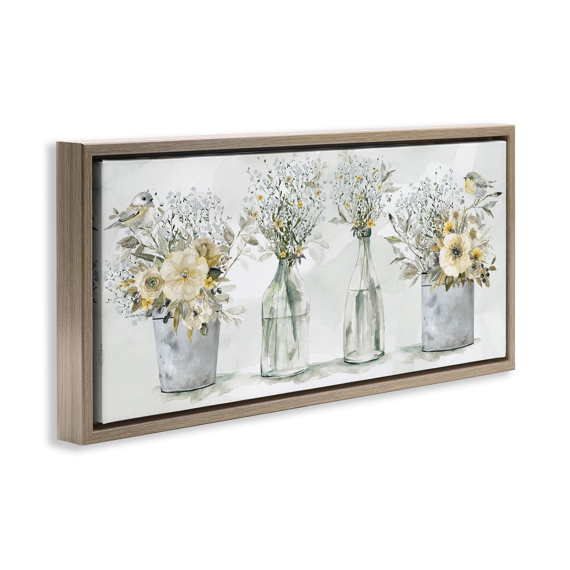 Stupell Industries Songbirds with Floral Bouquets Botanical & Floral Painting Brown Floater Framed Canvas Art Print Wall Art, 31 x 14