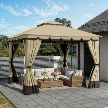Uforic 10'x10' Outdoor Double Roof  Gazebo,Patio Gazebo w/Netting & Curtains, Patio Garden Tent with Steel Frame for Lawn, Backyard, Khaki