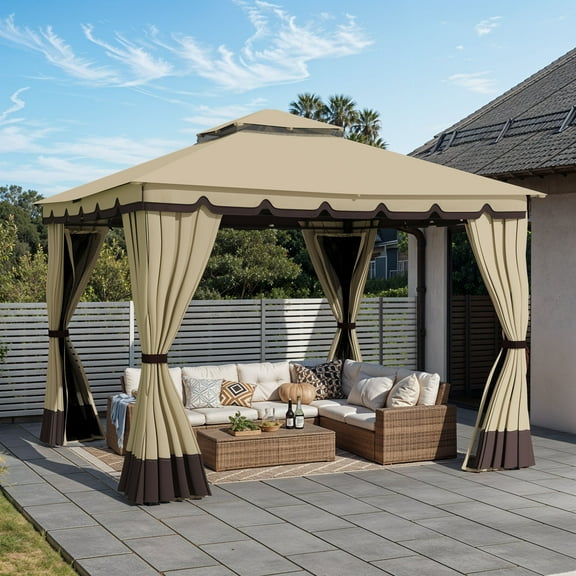 Uforic 10'x10' Outdoor Double Roof Gazebo, Patio Gazebo with Curtains, Patio Garden Tent with Steel Frame for Lawn, Backyard, Khaki