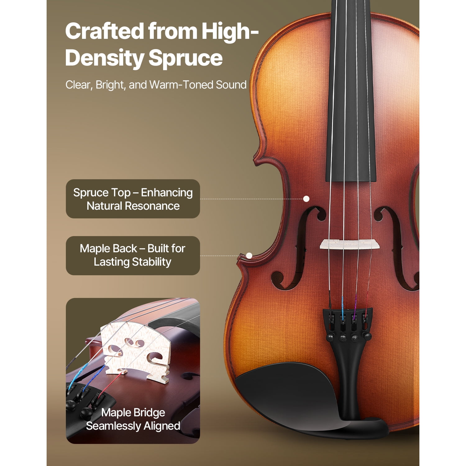 KFFKFF 4/4 Full-Size Violin for Adults, Complete Beginner Set with Case, Bow, Rosin, Shoulder Rest, Bridge, Extra Strings, Solid Wood Instrument (Matte Brown)