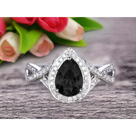 10k White Gold 2 Carat Pear Shape Black Diamond Moissanite Engagement Rings With Diamonds Halo