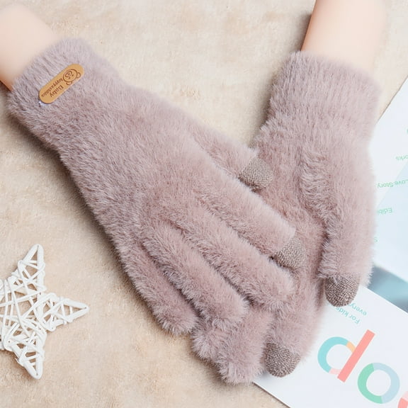 Opolski 1 Pair Women Winter Gloves Cozy Solid Color Full Finger Plush Elastic Keep Warm Furry Thicken Lady Gloves Winter Daily Gloves Khaki