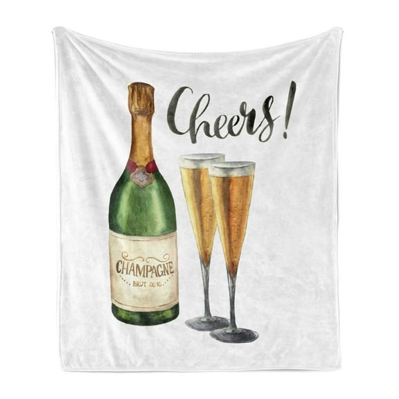 Champagne Soft Flannel Fleece Throw Blanket, Cheers Lettering with Glasses Sketch Style Celebration Themed Watercolor Art, Cozy Plush for Indoor and Outdoor Use, 50" x 60", Multicolor, by Ambesonne