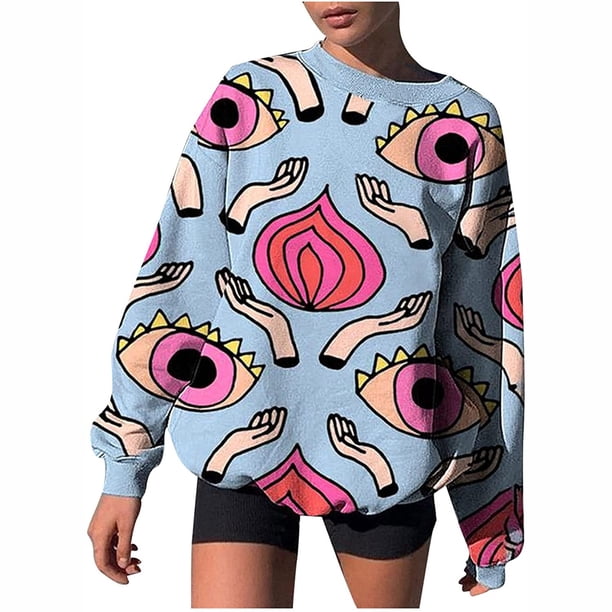 Blusa de manga larga con estampado de cuello redondo de gran tamaño para mujer Pompotops gfhjh2588