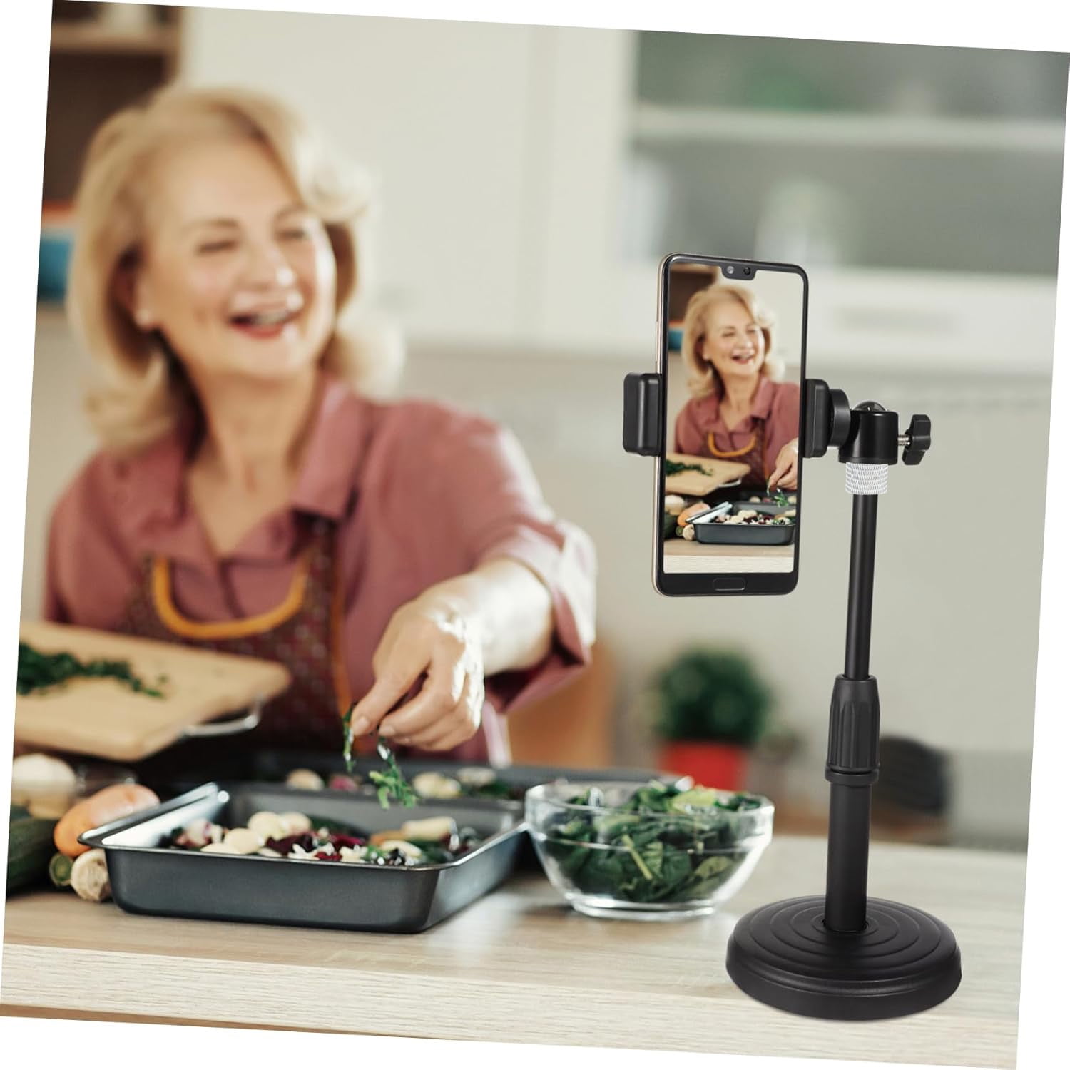 Adjustable Phone Stand for Desk, Height & Angle Adjustable Cell Phone Holder with Heavy Base, 360° Rotating Desktop Stand for Video Recording, FaceTime, TikTok, Zoom, Compatible with iPhone & Android