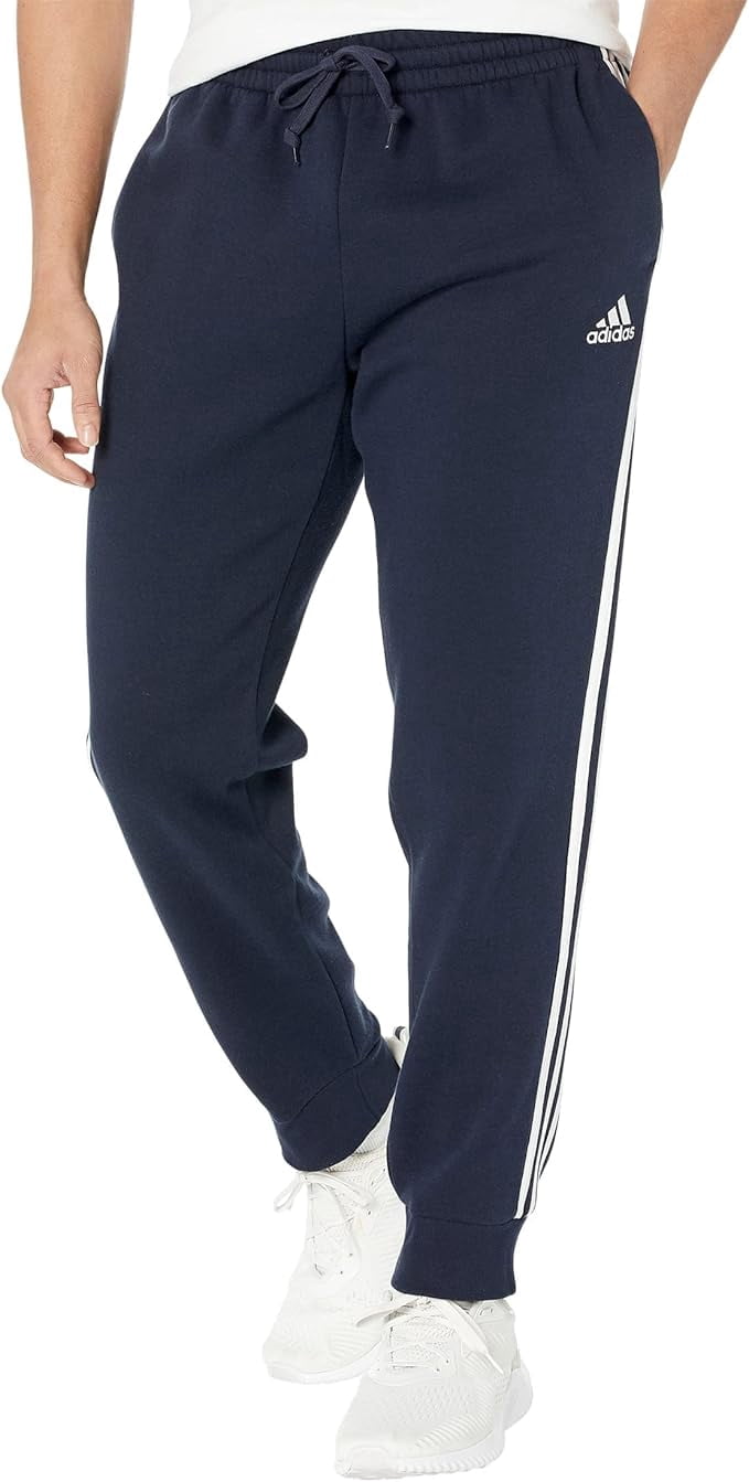 adidas Men's Standard Essentials Fleece Tapered Cuff 3-Stripes Pants, Legend Ink/White, Small