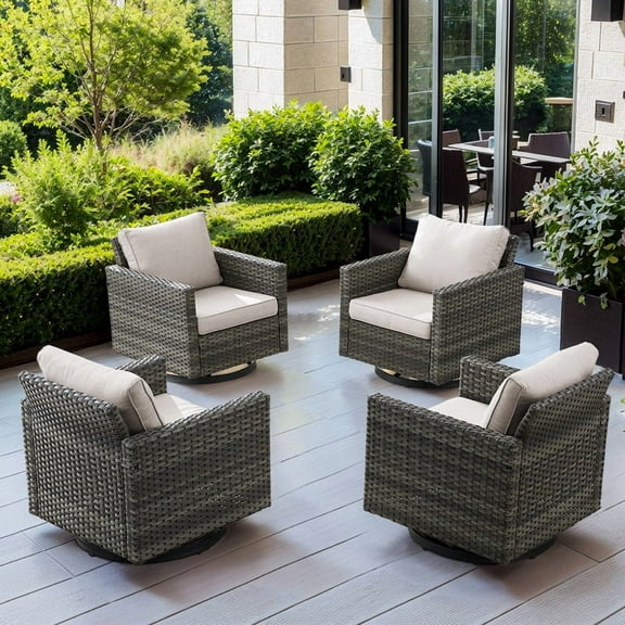 Gymojoy 4 Pieces Outdoor 360° Swivel Rocker Patio Chairs, Patio Swivel Rocking Glider Chairs Set of 4, PE Wicker Swivel Rocking Furniture Set, Gray Beige