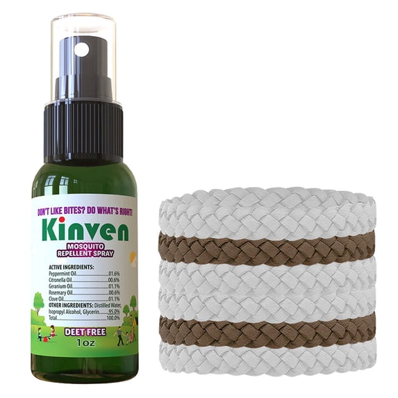 Kinven Bracelets and Spray Pack for Mosquito - 1oz Bottle + 2 Brown & 4 White Bracelets, Great Looking and Natural, Insect Wristband & Spray, Waterproof, Indoor Outdoor Protection for Adults & Kids