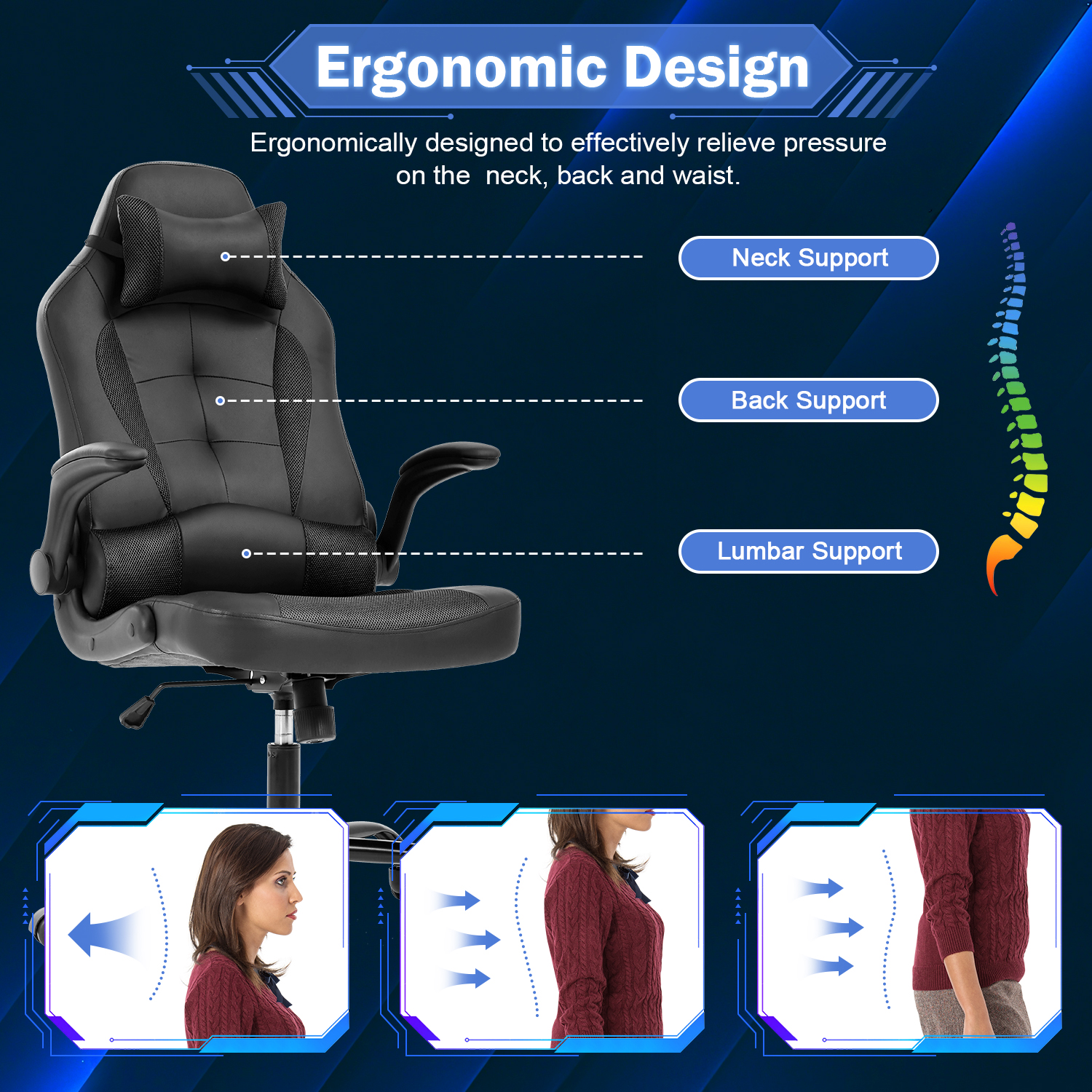 Video Game Chair High Back Gaming Chair PU Leather Racing Chair with Headrest Lumbar Support & Flip-up Arms , Adjustable Gamer Chair for Adults & Kids, Black