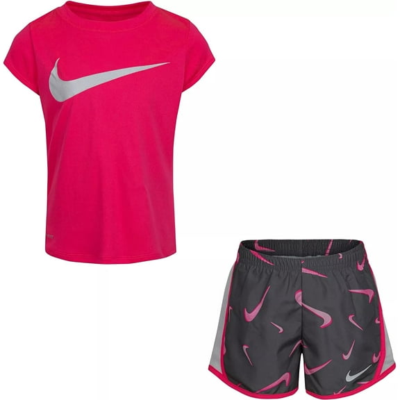 Nike Little Girls' Dri-Fit Swoosh All Over Print T-Shirt and Shorts 2 Piece Set (Grey(26H664-M19)/Pink, 12 Months)