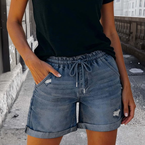 Pull On Elastic Jean Shorts for Women High Waisted Baggy Casual Denim Jorts Trendy Drawstring Summer Shorts 2" 3" 4" Inseam Blue XL
