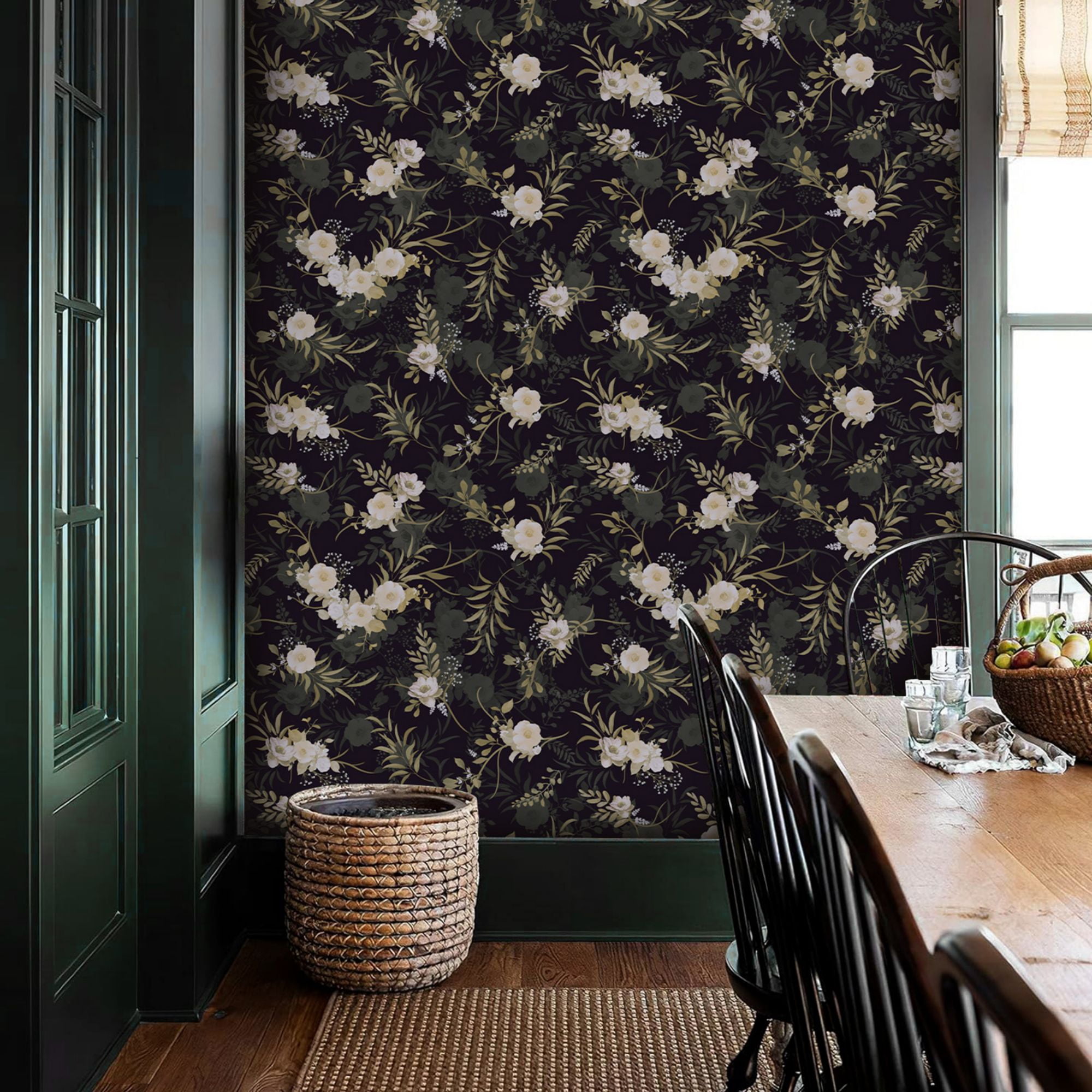 (3 pack) Abyssaly Peel and Stick Wallpaper 17.3"x 118" Black Green Floral Wallpaper Vinyl Removable Self-Adhesive Contact Paper for Home Decor Kitchen Bedroom Closets
