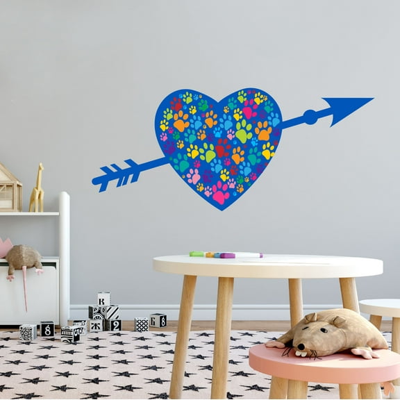 Animal Wall Decal Arrow Through The Heart with Cute Paw Prints Bedroom Wall Decal for Children Dog Cute Themed Room Decal - Size: 30 In x 12 In