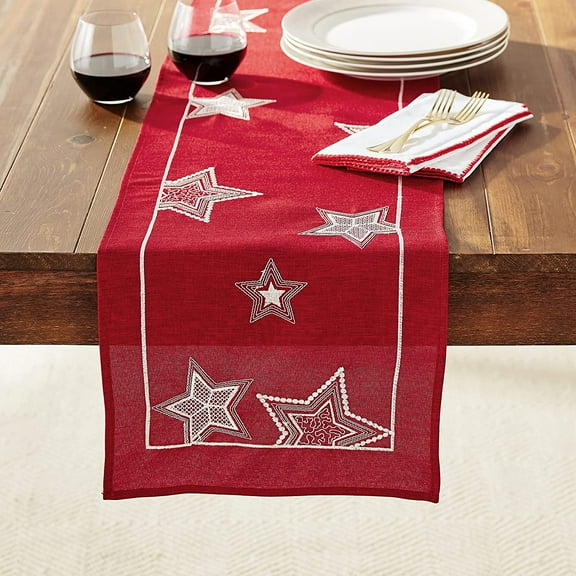 Violet Linen Seasonal Xmas Christmas Holiday Essenial Pattern, Polyester Embroidered Jacquard , Stars, 13 Inch x 70 Inch, Decorative Table Runner