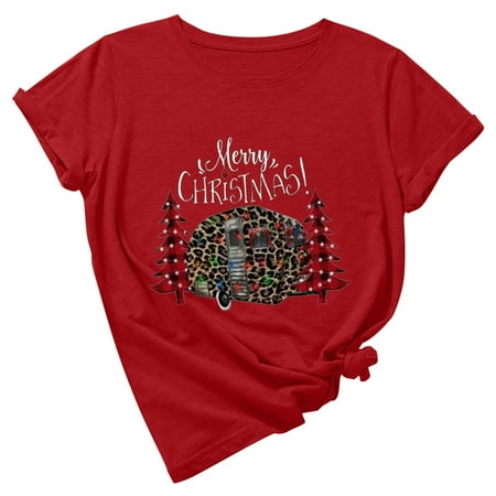 

Womens Blouses and Tops Dressy Crew Neck T-shirt Lattice Christmas Tree Print T-shirt Short Sleeve T-Shirt Tops Red XXL