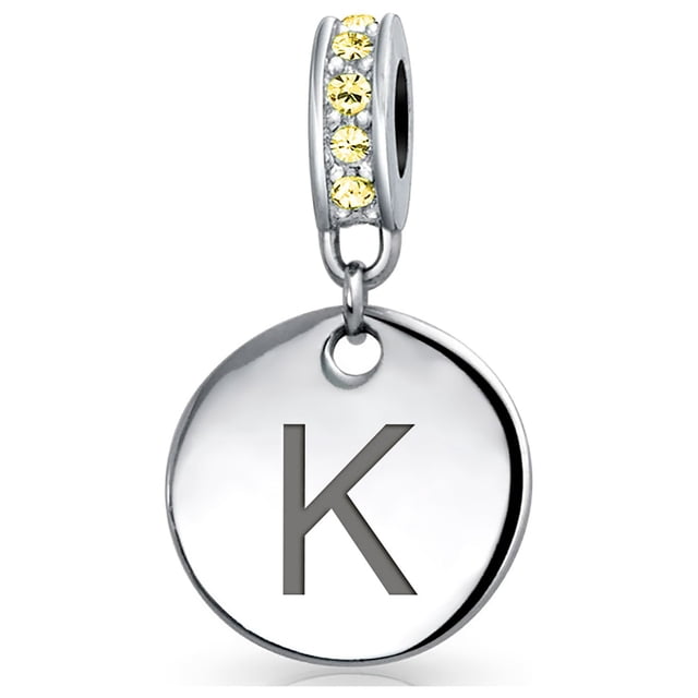 K Initial Monogramme Topaze Jaune Simulée Accent Cristal Forme Disque Rond Pendentif Perle Charme.925 Argent Sterling pour Femmes Adolescentes Bracelet Européen