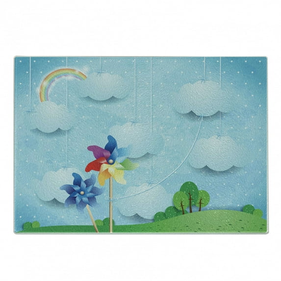 Pinwheel Cutting Board, Surreal View with Hanging Cloud Sky Rainbow Idyllic Meadow Fantasy World Landscape, Decorative Tempered Glass Cutting and Serving Board, in 3 Sizes, by Ambesonne