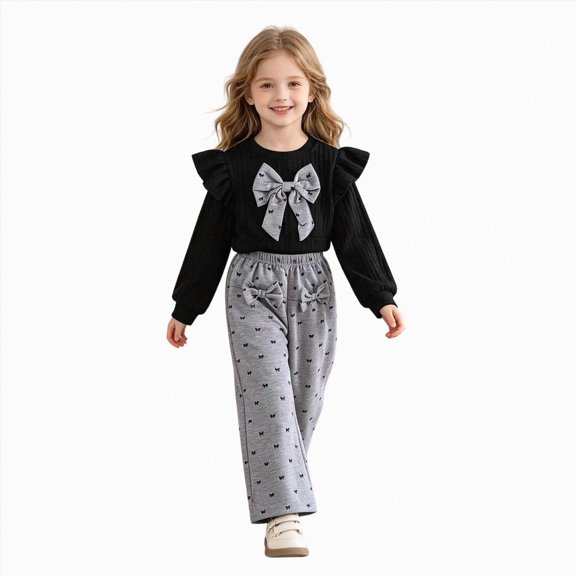 Enyan Girls Clothes Little Girl 2 Piece Outfit Fall Winter Ribbed Sweatshirt Tops Casual Pant Set Kids Clothing Sets,6-7 Years